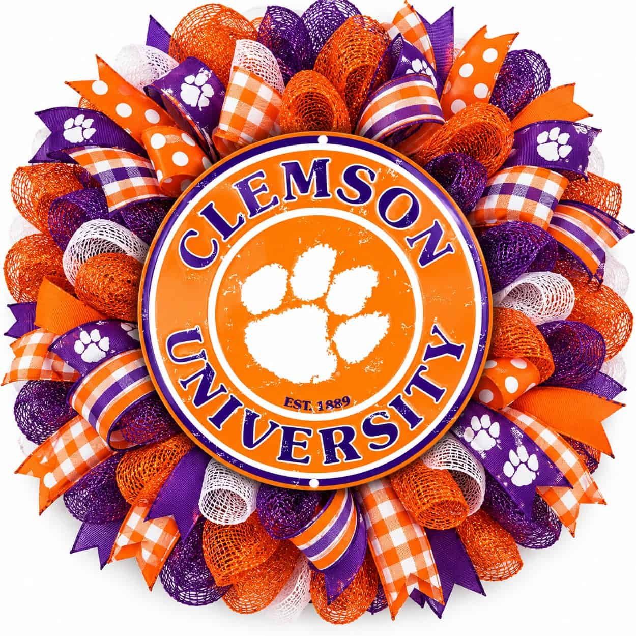 Clemson Round Metal Sign on a deco mesh wreath