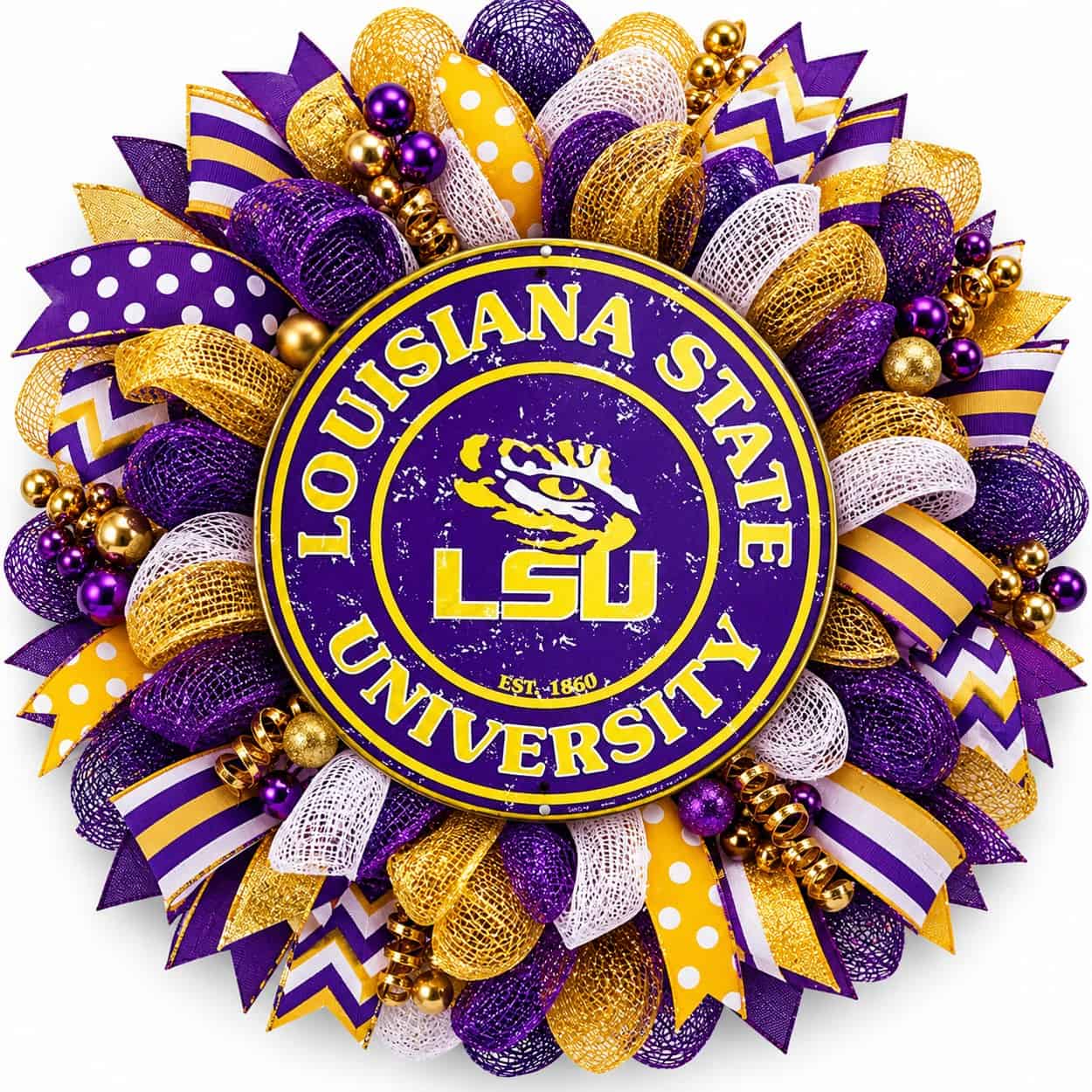 LSU Round Metal Sign on a deco mesh wreath