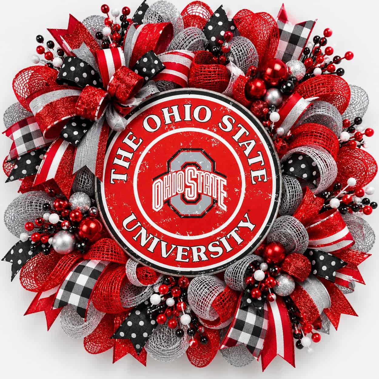 Ohio State Round Metal Sign on a deco mesh wreath