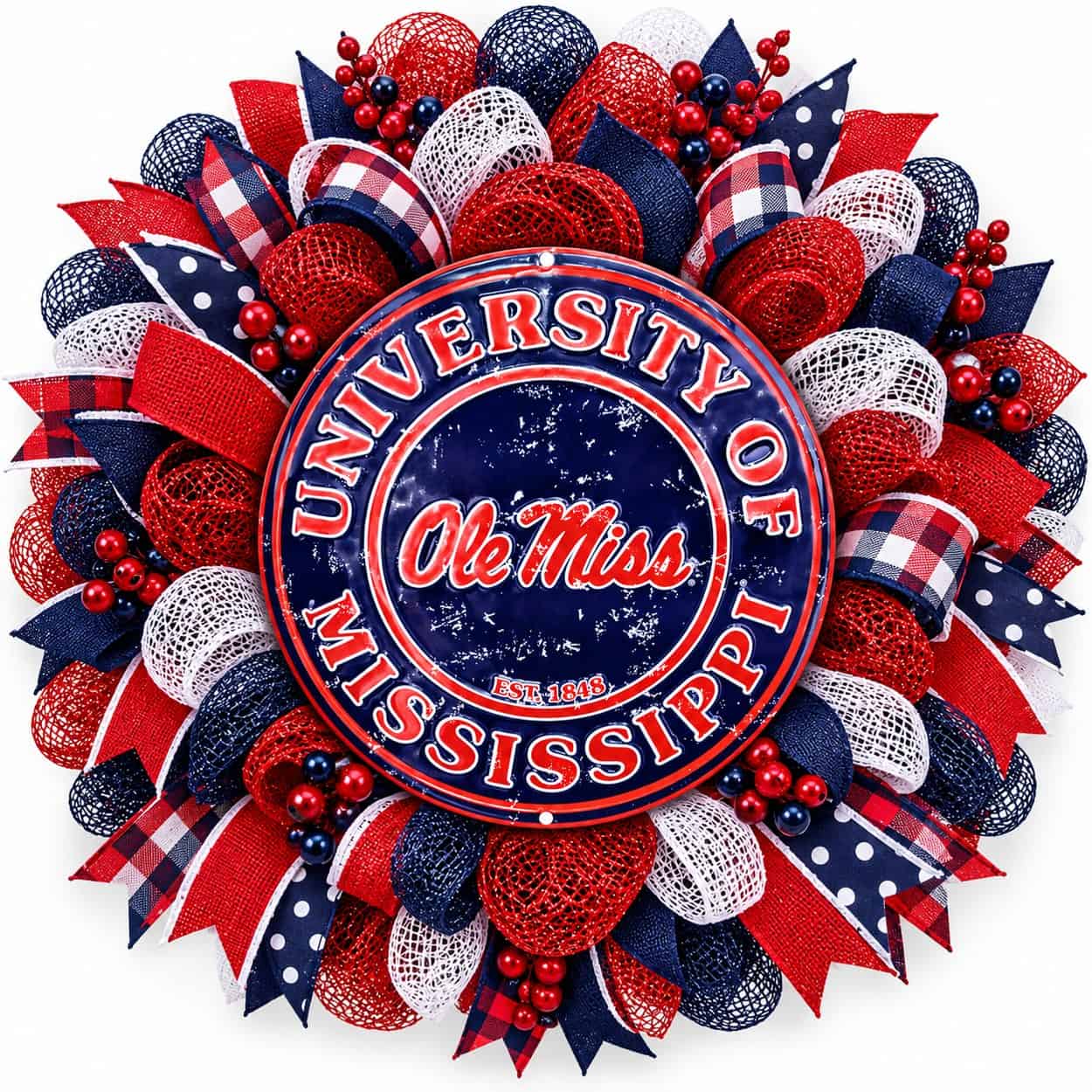 Ole Miss Round Metal Sign on a deco mesh wreath