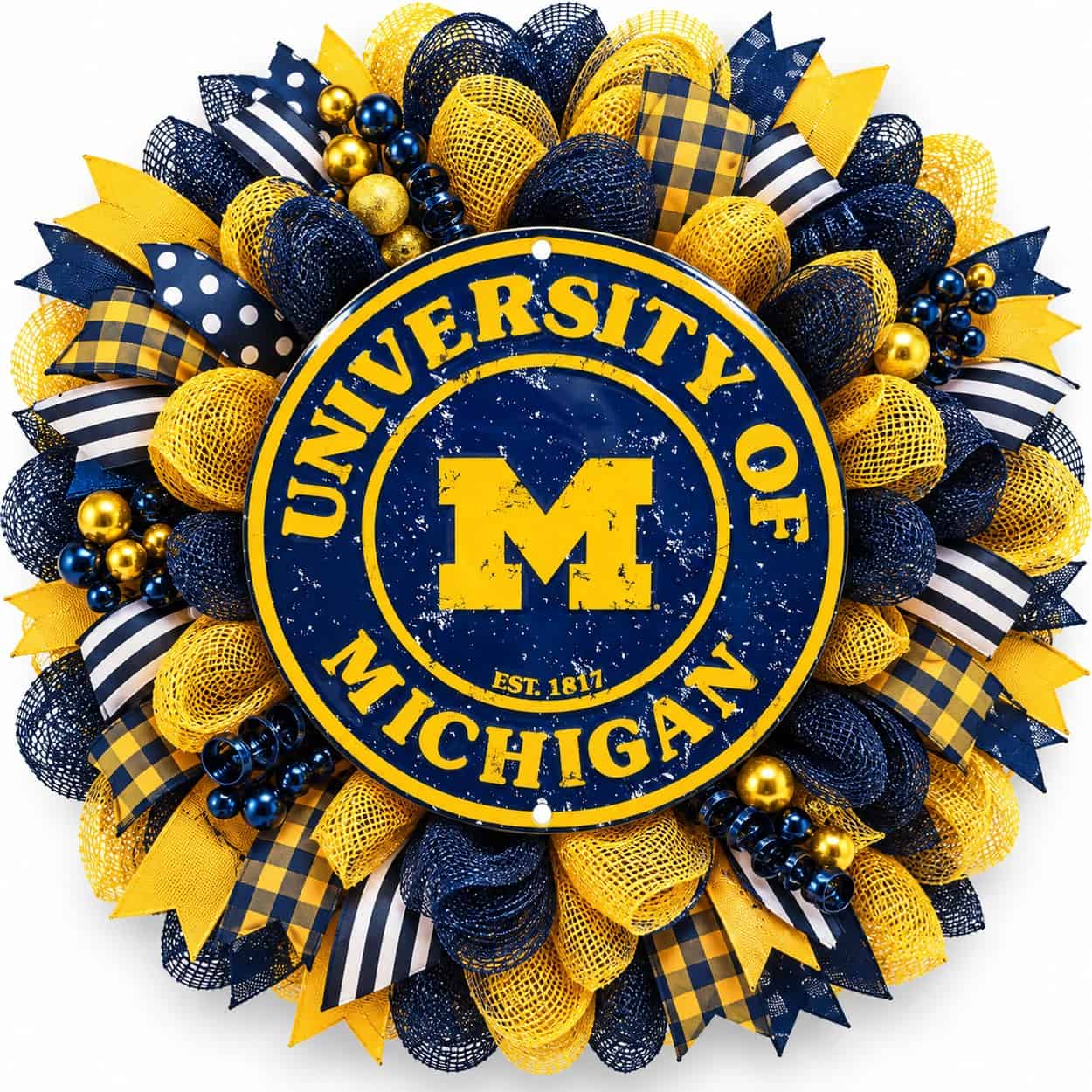 Michigan Round Metal Sign on a deco mesh wreath