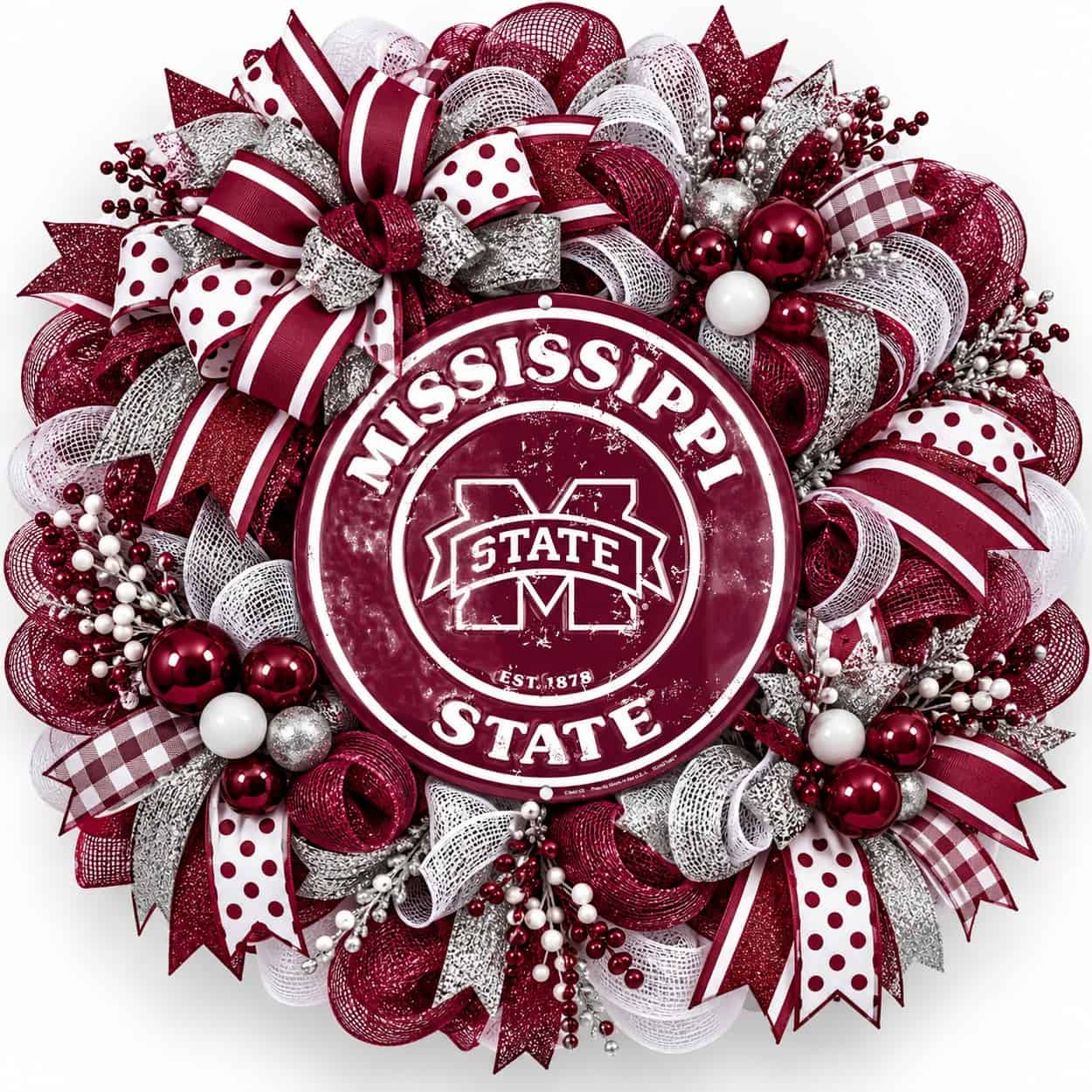 Mississippi State Round Metal Sign on a deco mesh wreath