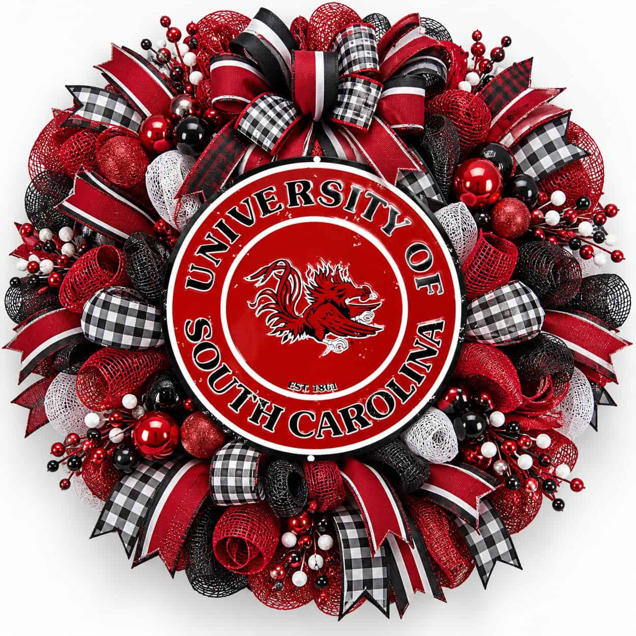 Gamecocks Round Metal Sign on a deco mesh wreath