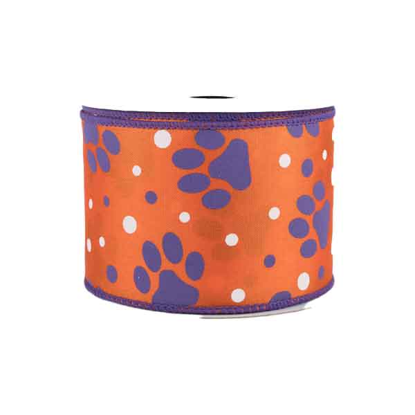 2.5 Paw Print Polka Dot Ribbon: Purple & Orange (10 Yards)