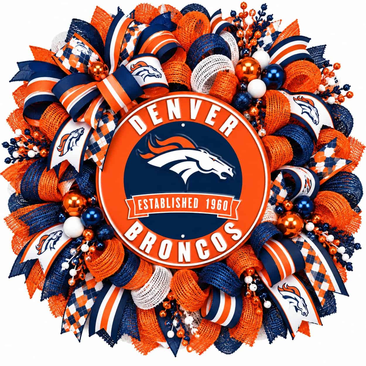 Denver Broncos Round Metal Sign on a deco mesh wreath