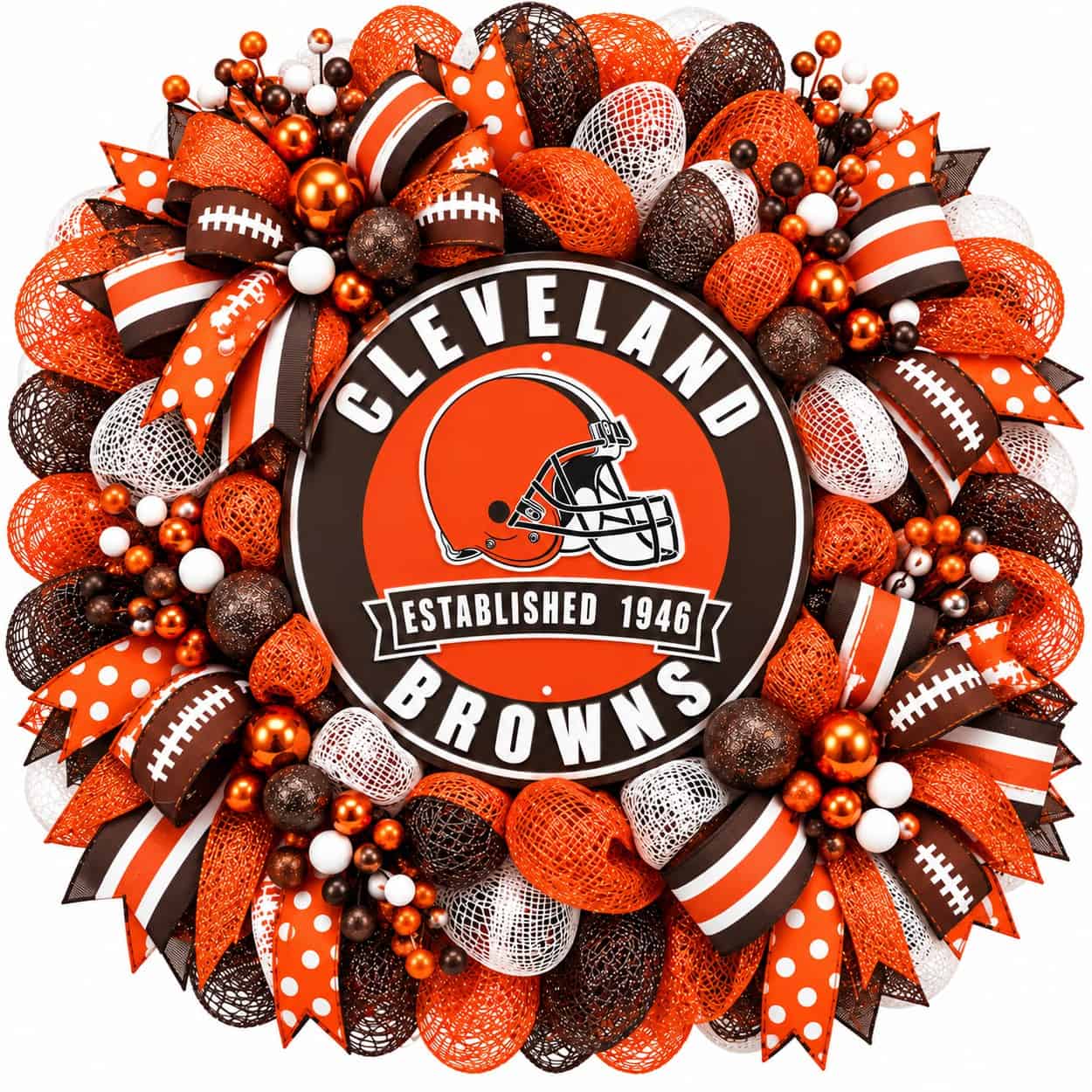 Cleveland Browns Round Metal Sign in a deco mesh wreath