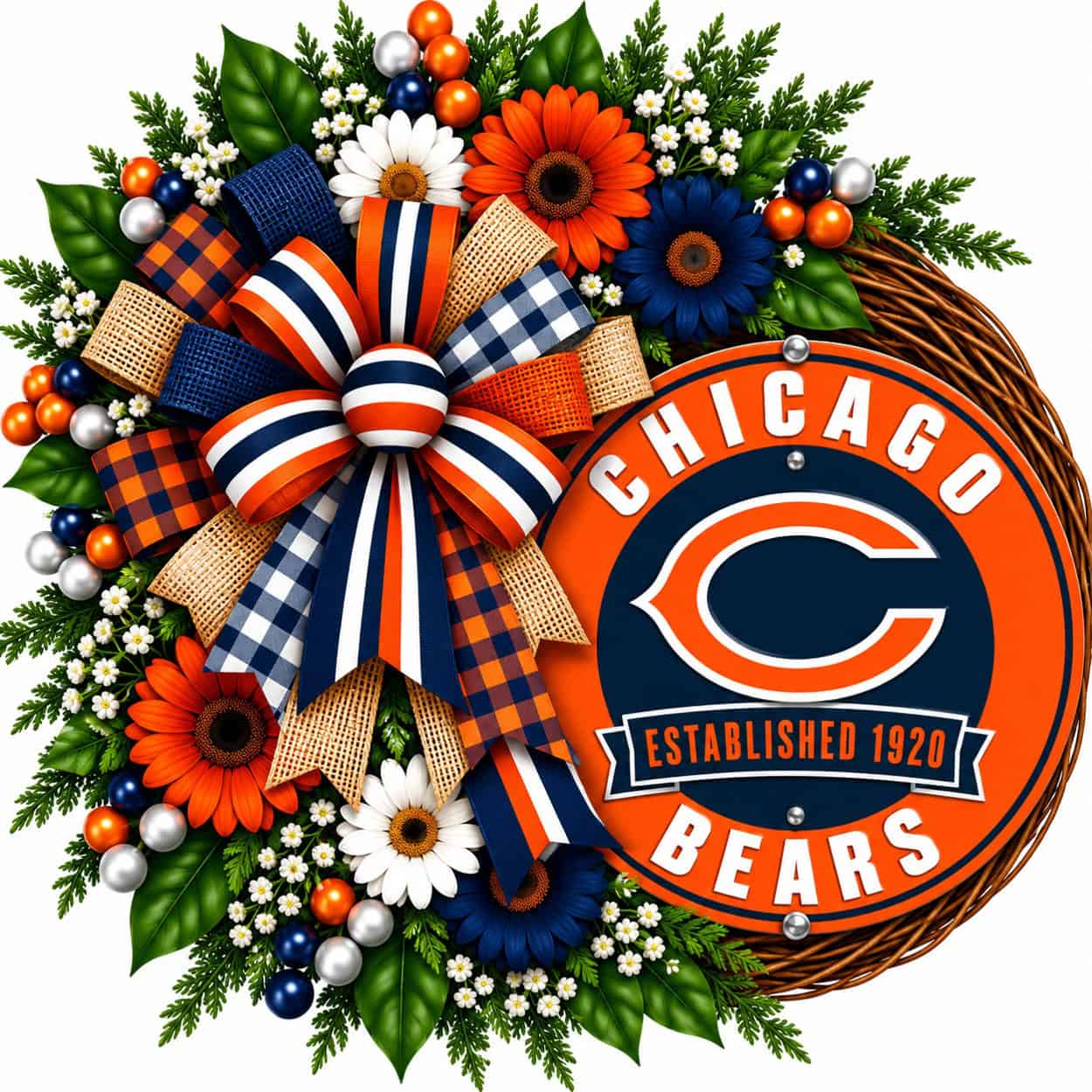 Chicago Bears Round Metal Sign on a grapevine wreath