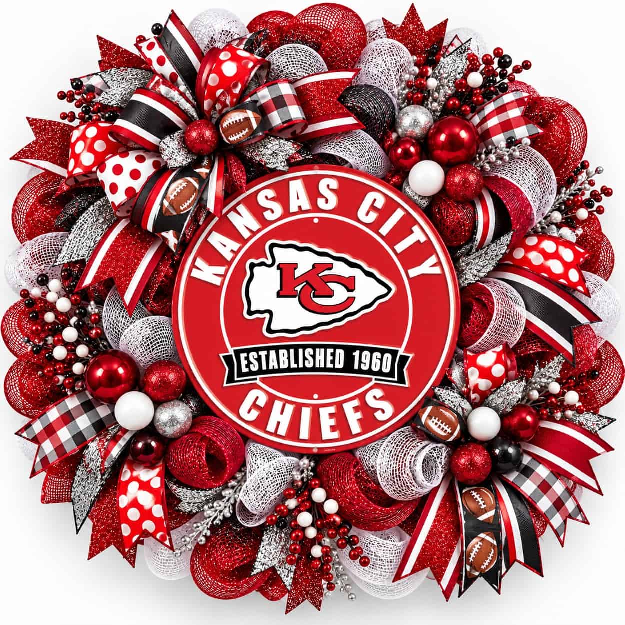 Kansas City Chiefs Round Metal Sign on a deco mesh wreath