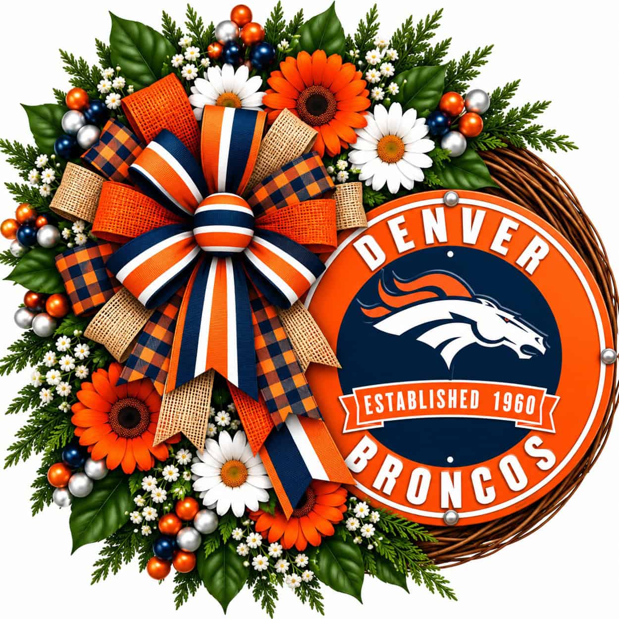 Denver Broncos Round Metal Sign on a grapevine wreath
