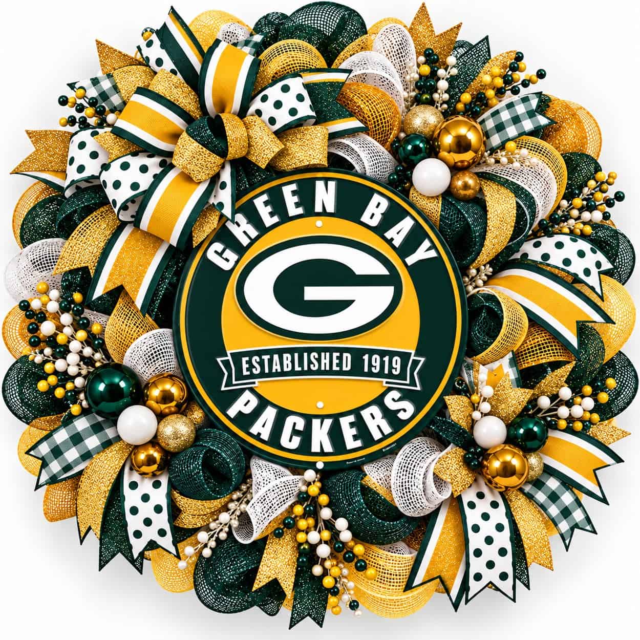Green Bay Packers Round Metal Sign on a deco mesh wreath