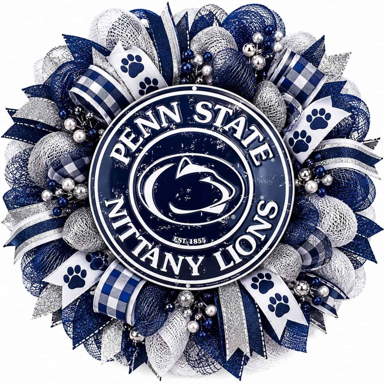 Penn State Round Metal Sign on a deco mesh wreath