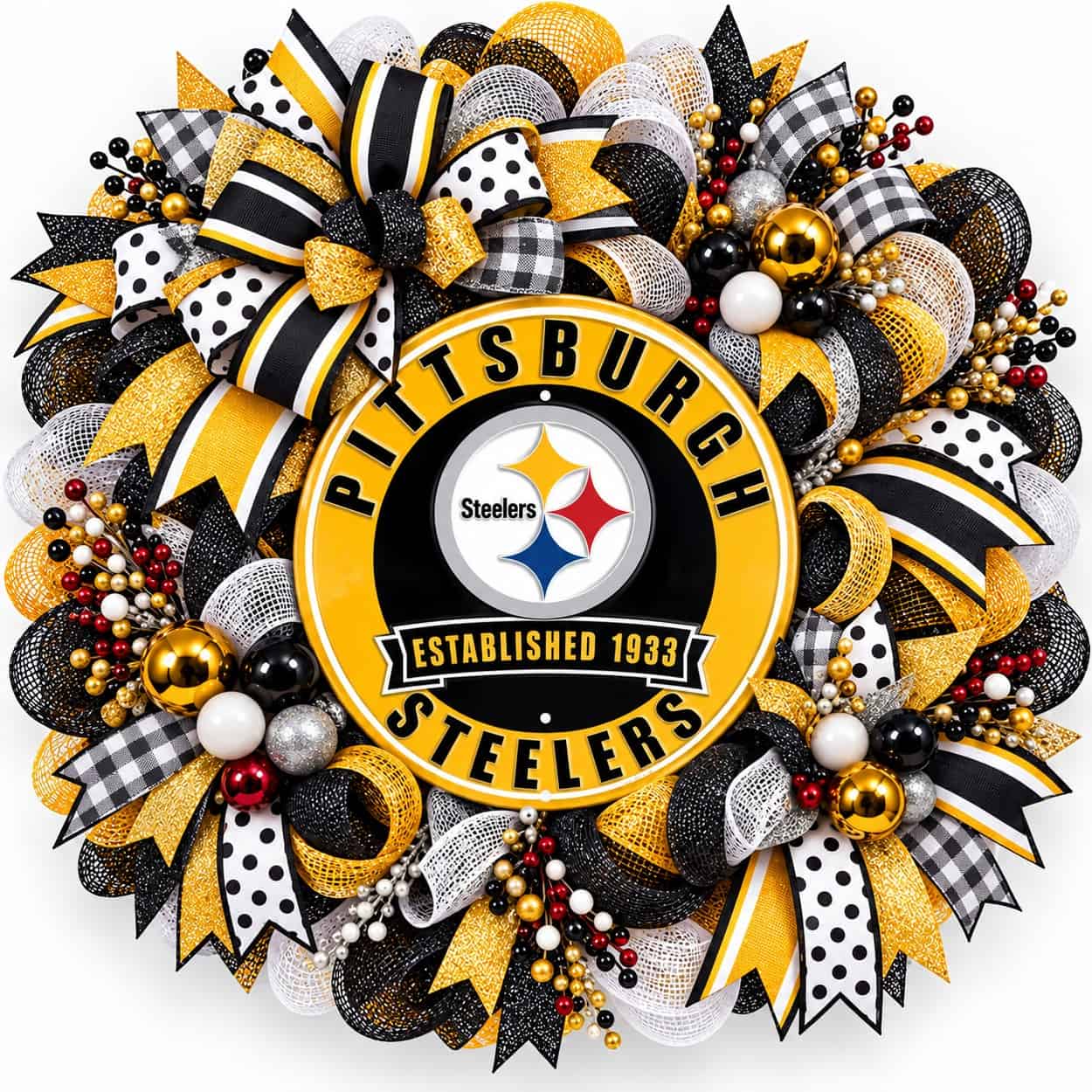 Pittsburgh Steelers Round Metal Sign on a deco mesh wreath