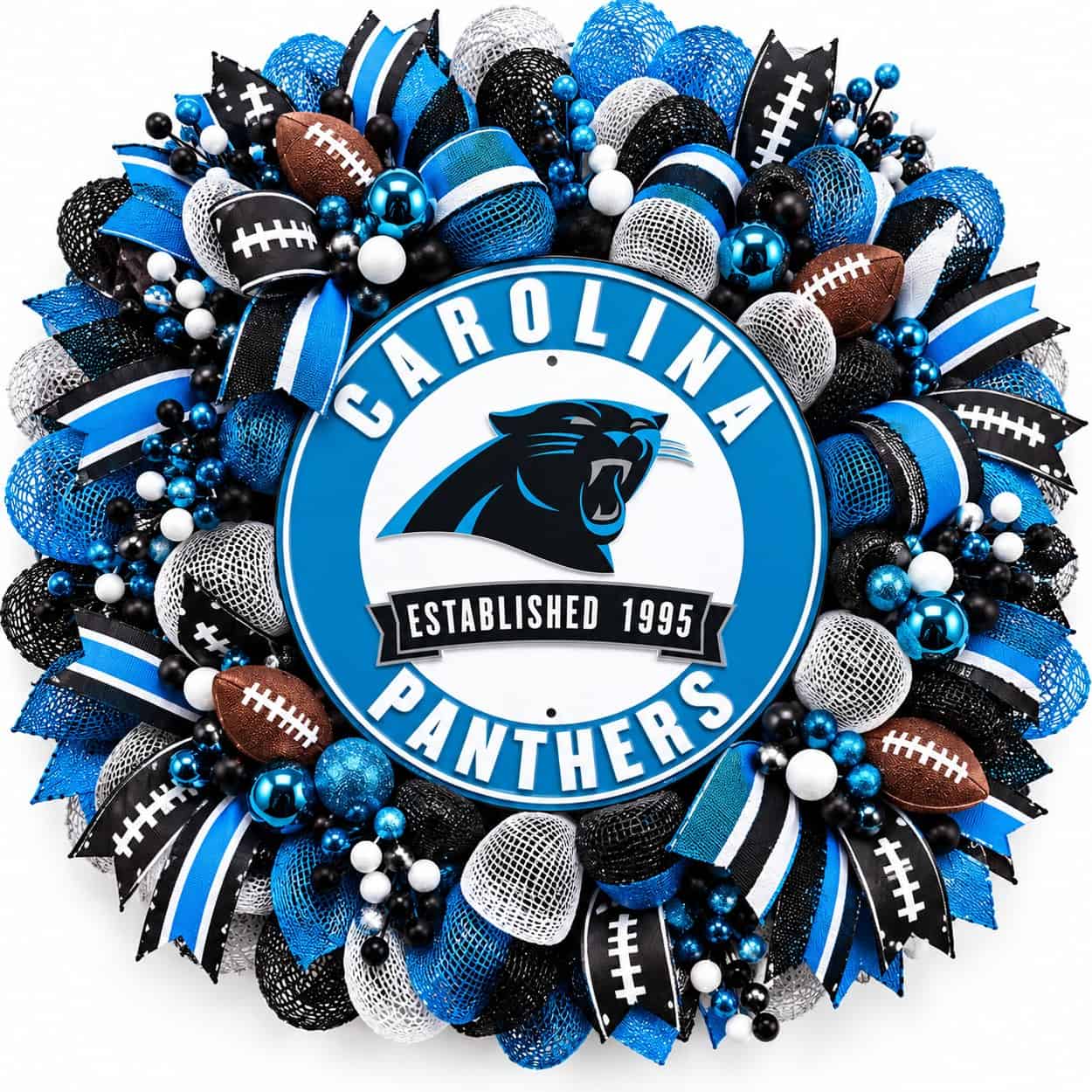 Carolina Panthers Round Metal Sign in a deco mesh wreath