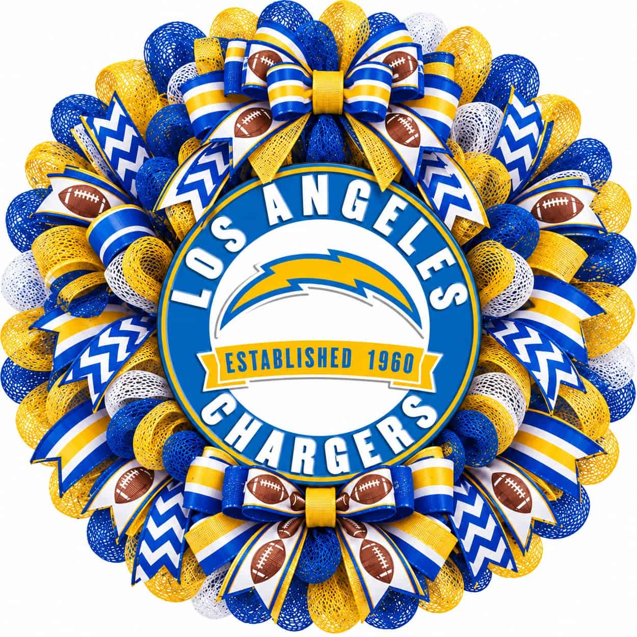 Los Angeles Chargers Round Metal Sign on a deco mesh wereath