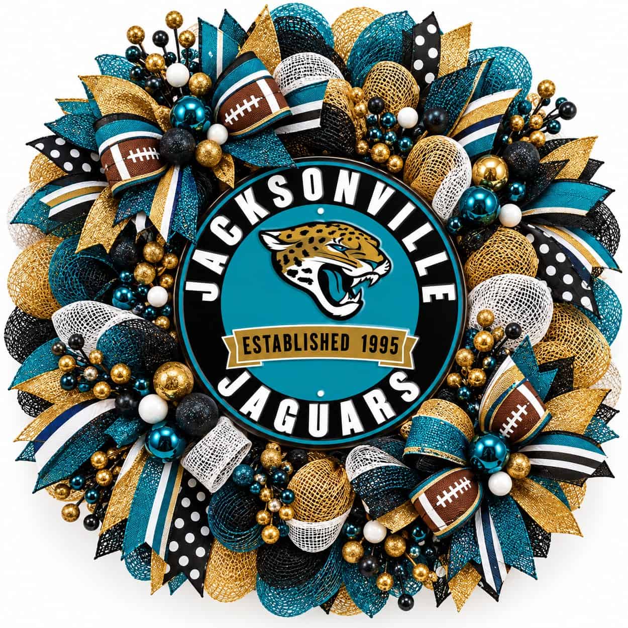 Jacksonville Jaguars Round Metal Sign on a deco mesh wreath