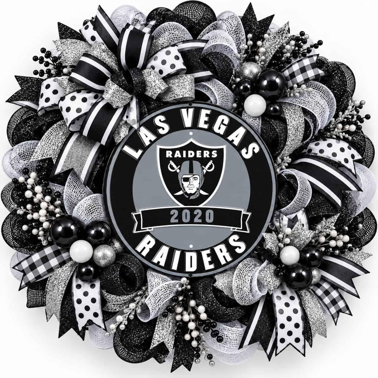 Las Vegas Raiders Round Metal Sign on a deco mesh wreath
