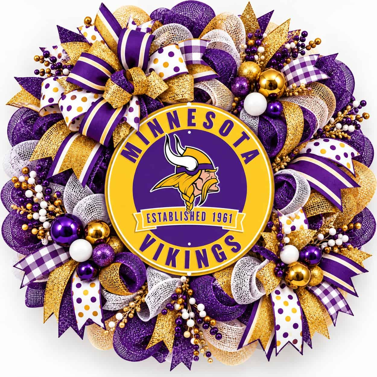 Minnesota Vikings Round Metal Sign on a deco mesh wreath