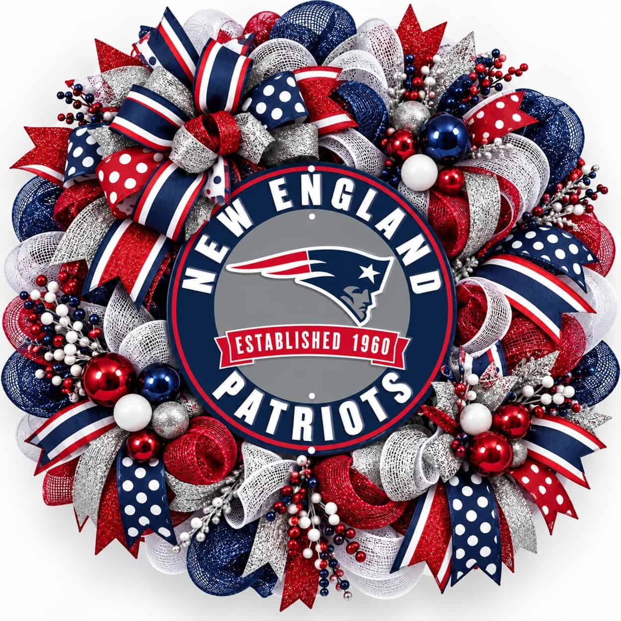 New England Patriots Round Metal Sign on a deco mesh wreath