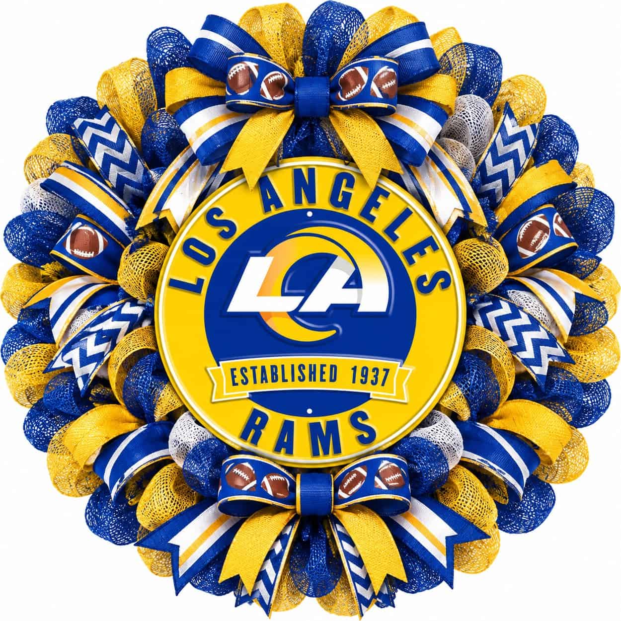 Los Angeles Rams Round Metal Sign on a deco mesh wreath