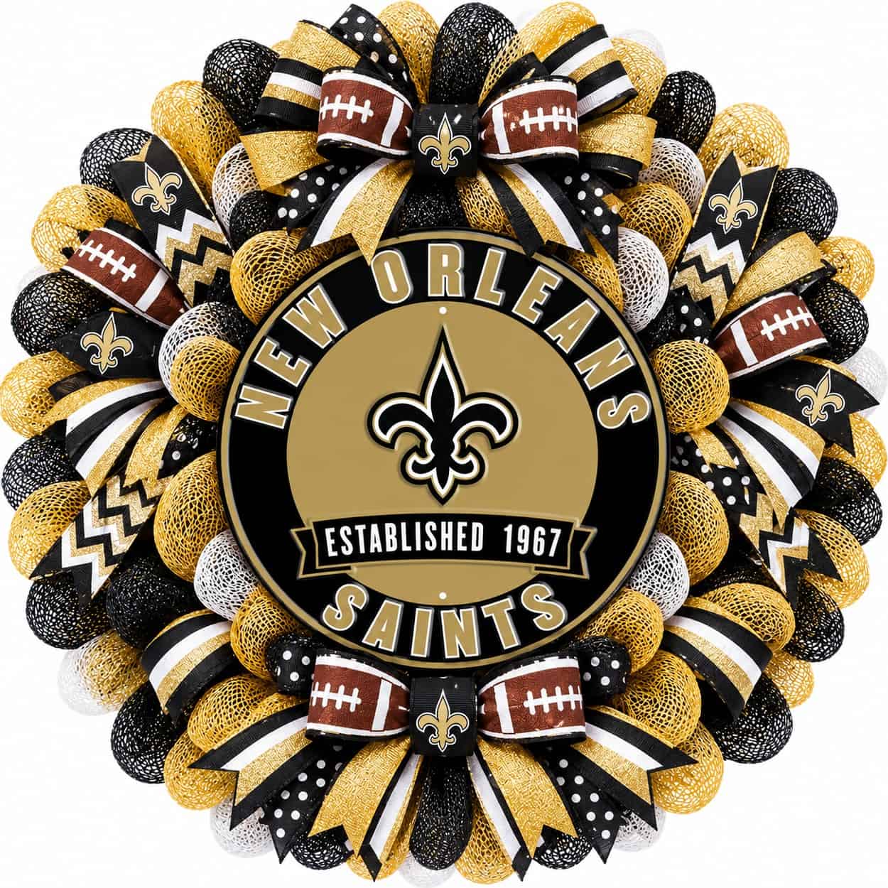 New Orleans Saints Round Metal Sign on a deco mesh wreath