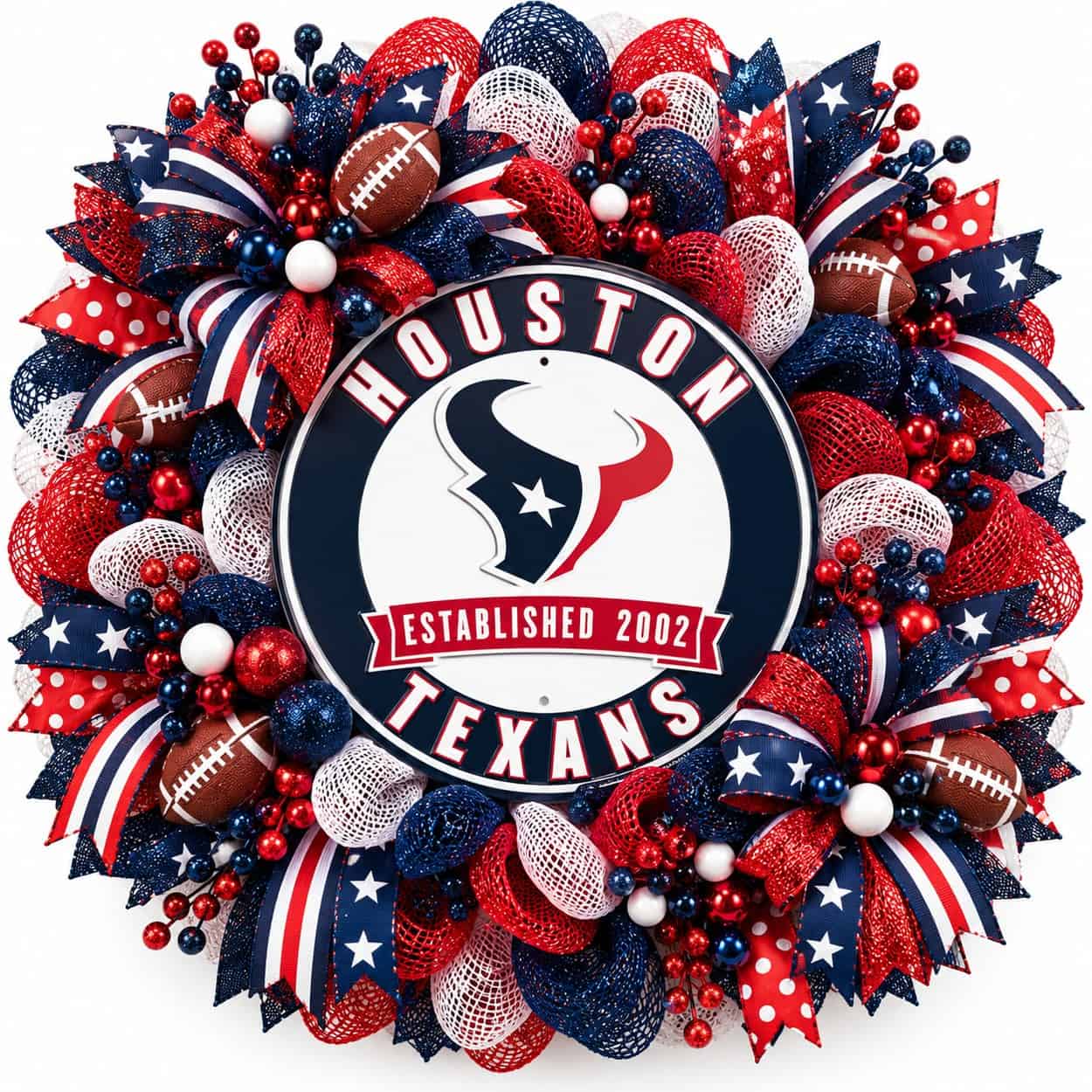 Houston Texans Round Metal Sign on a deco mesh wreath
