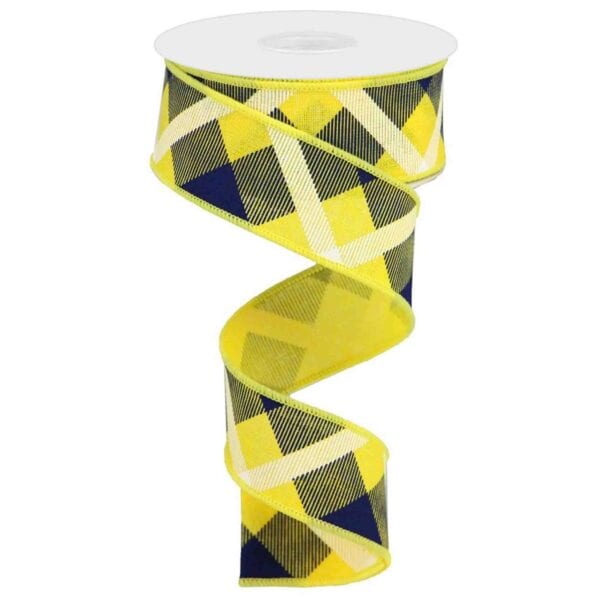 1.5" Yellow Navy Diagonal Check Ribbon