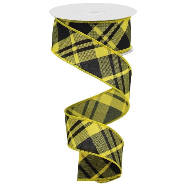 1.5" Yellow Black Diagonal Check Ribbon