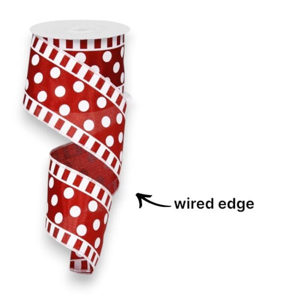 2.5" Crimson White Polka Dot Stripe
  Ribbon - 10 yards