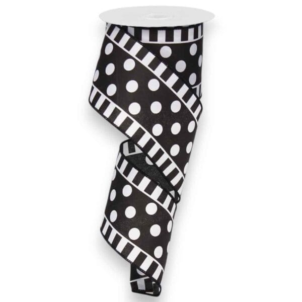 2.5" Black White Polka Dot Stripe
  Ribbon - 10 yards
