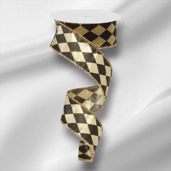 1.5" Gold Black Harlequin Ribbon -
  10 yards