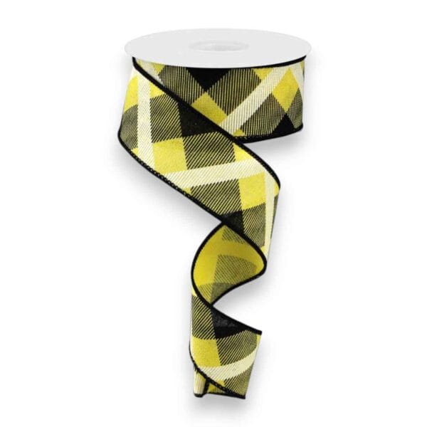 1.5" Yellow Black White Diagonal
  Check Ribbon - 10 yards
