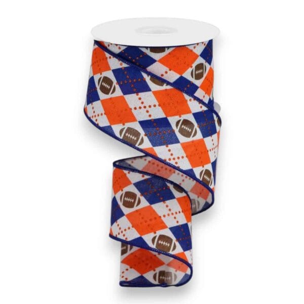 2.5" Blue Orange Argyle Football Ribbon - 10 yards