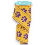 2.5" Large Yellow Purple Paw Print Ribbon - 10 yards