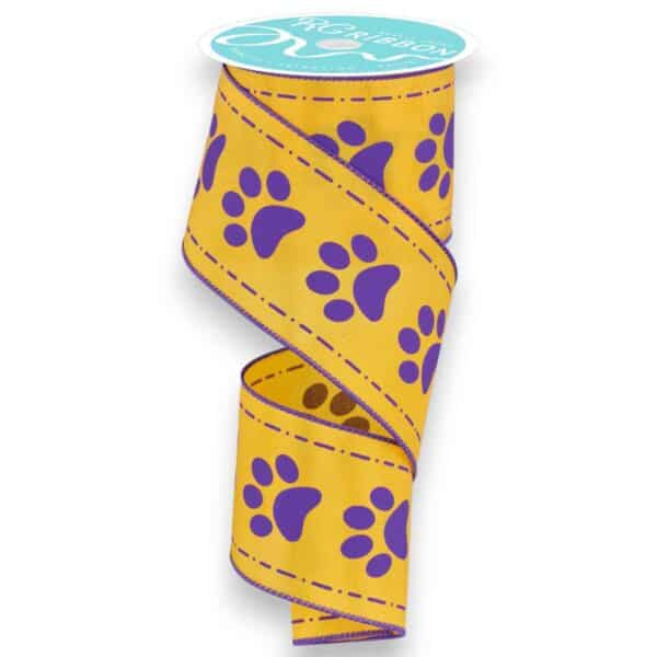 2.5" Large Yellow Purple Paw Print Ribbon - 10 yards