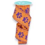 2.5" Large Orange Purple Paw Print Ribbon - 10 yards