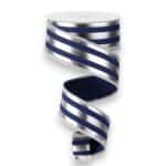 1.5" Navy Silver Vertical Stripes Ribbon - 10 yards