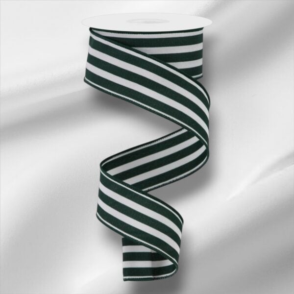 1.5" Green White Vertical Stripe Ribbon - 10 yards