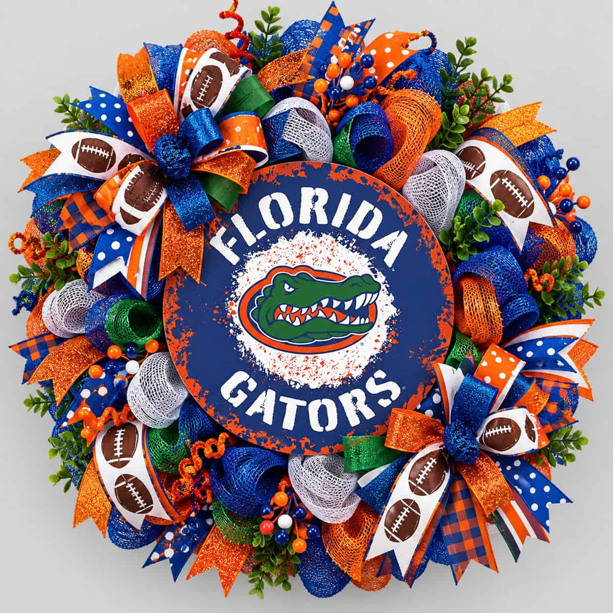 Florida Gators Splatter Metal Sign on a deco mesh wreath