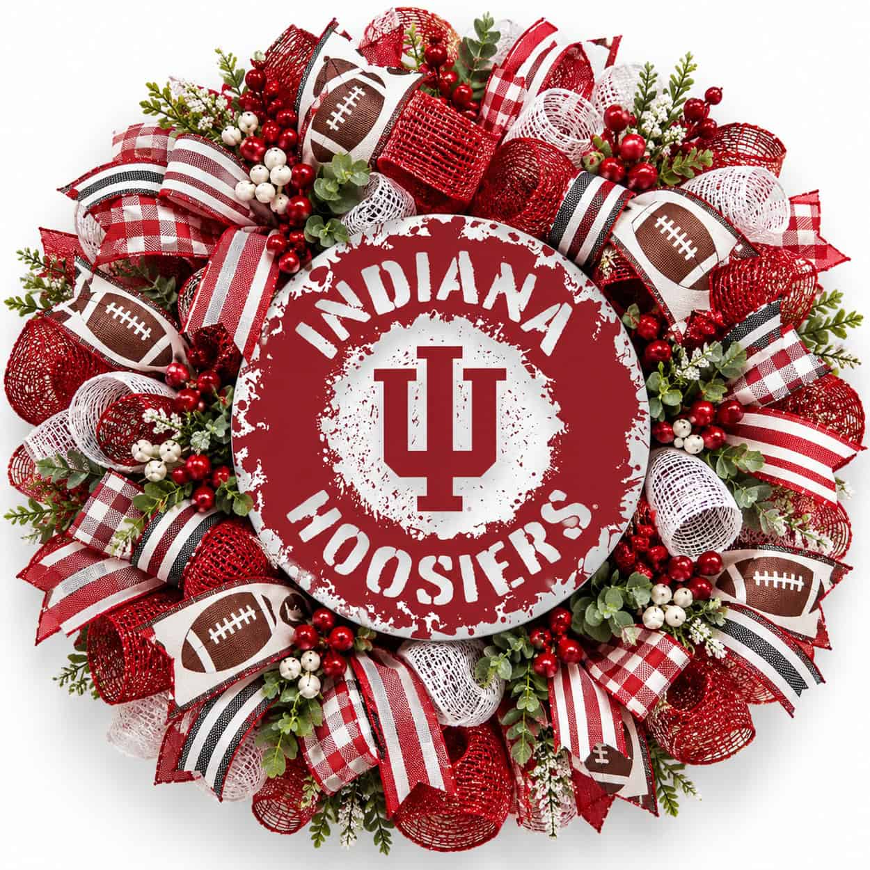 Indiana Hoosiers Splatter Metal Sign on a deco mesh wreath