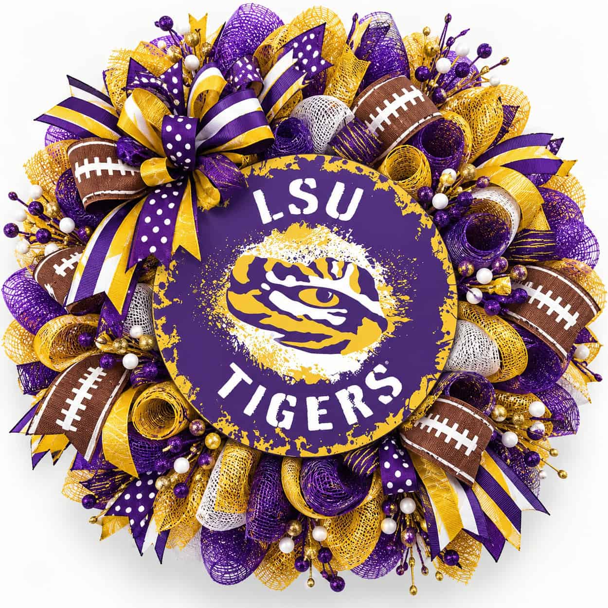 LSU Tigers Splatter Metal Sign on a deco mesh wreath