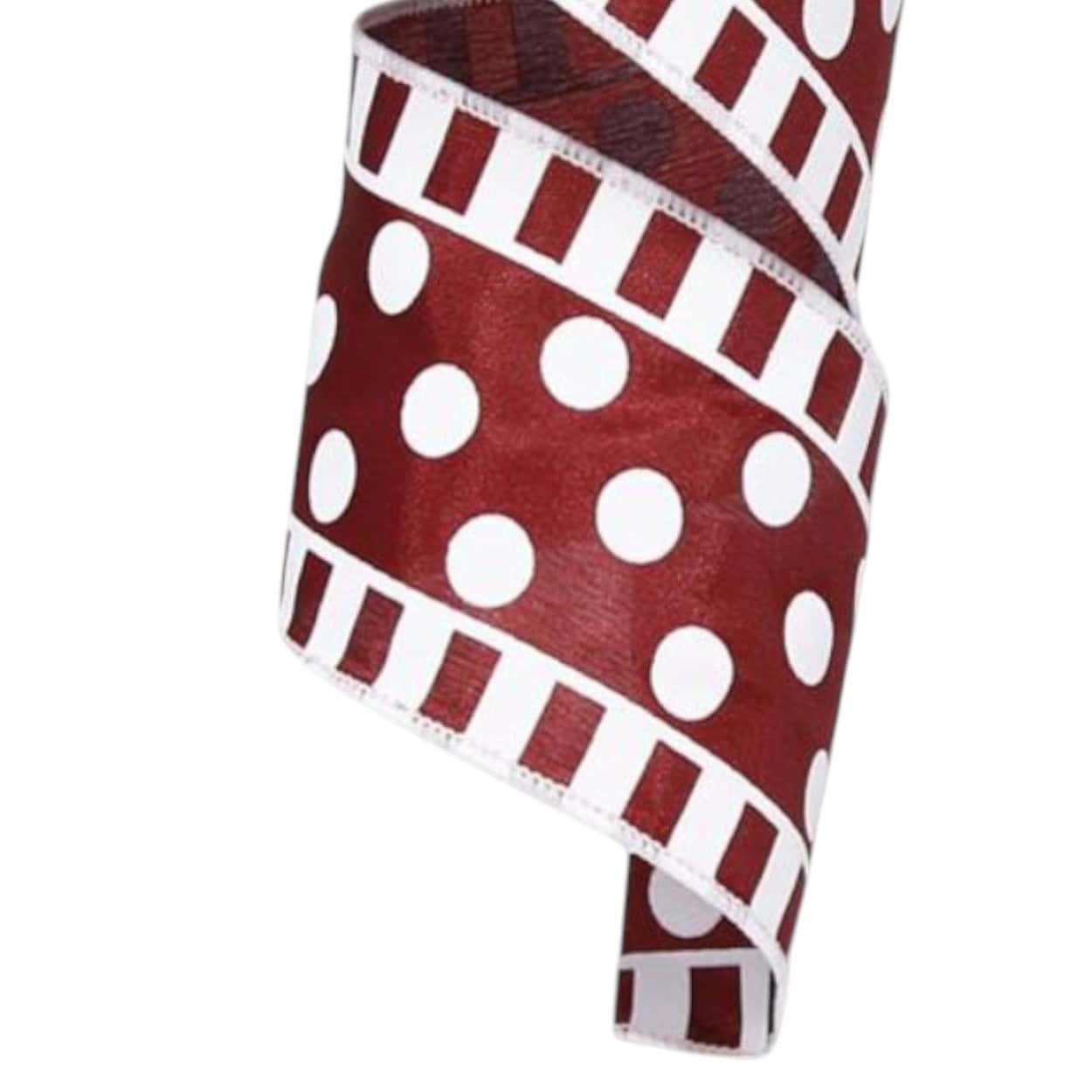 2.5" Burgundy White Polka Dot Stripe Ribbon - 10 yards