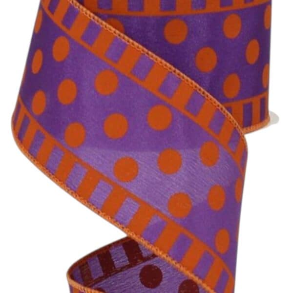 2.5" Orange Purple Polka Dot Stripe
  Ribbon - 10 yards