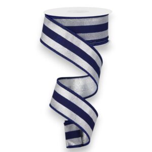 1.5" Navy Silver Stripe Ribbon - 10 yards