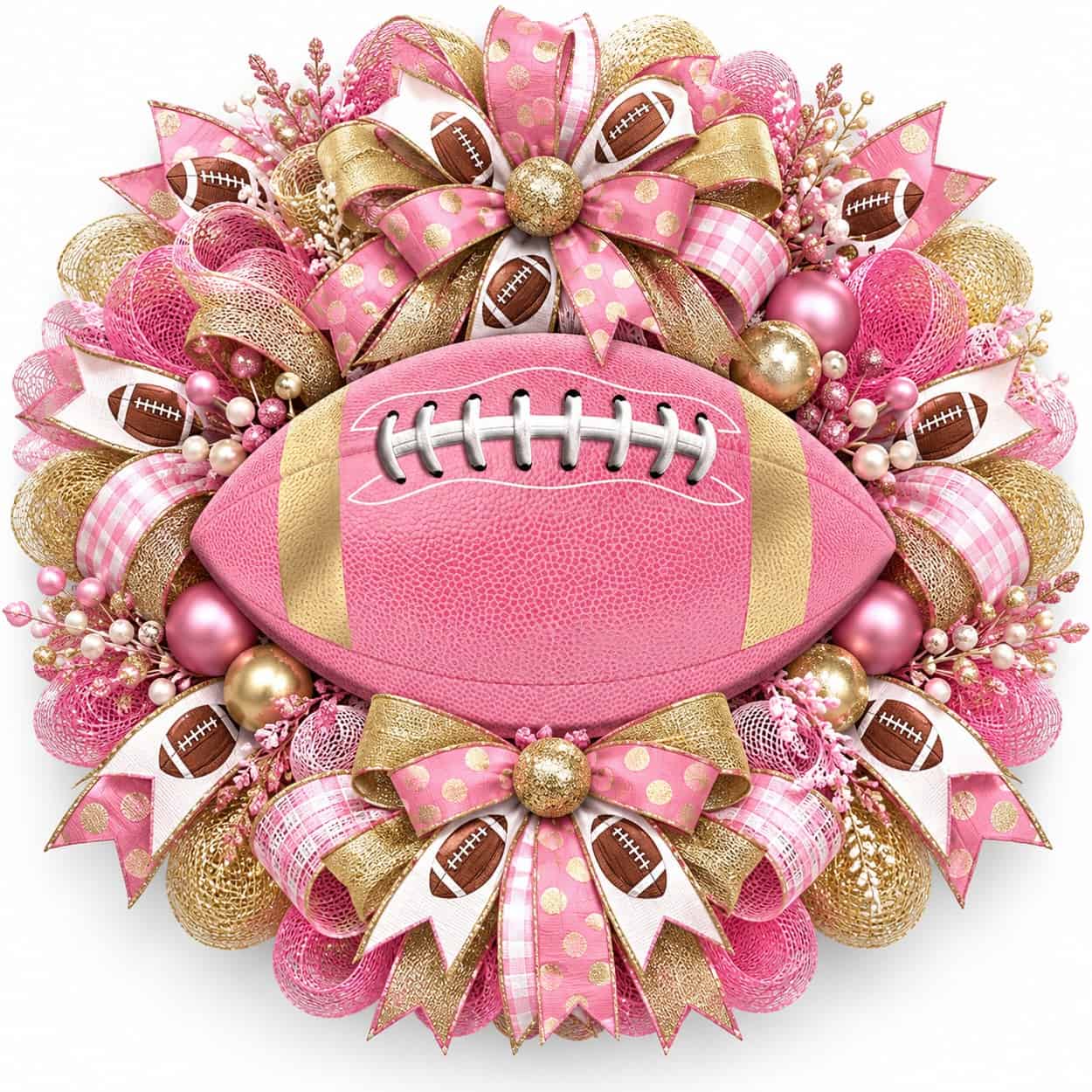 Pink Gold White Metal Football Sign on a deco mesh wreath