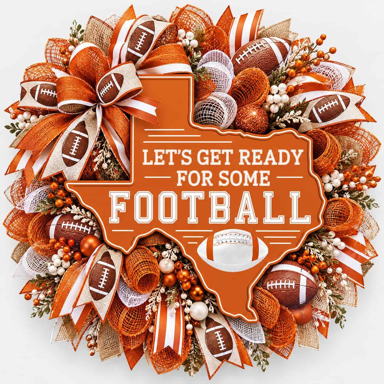 Burnt Orange White Texas Shaped Football Sign on a deco mesh wreath