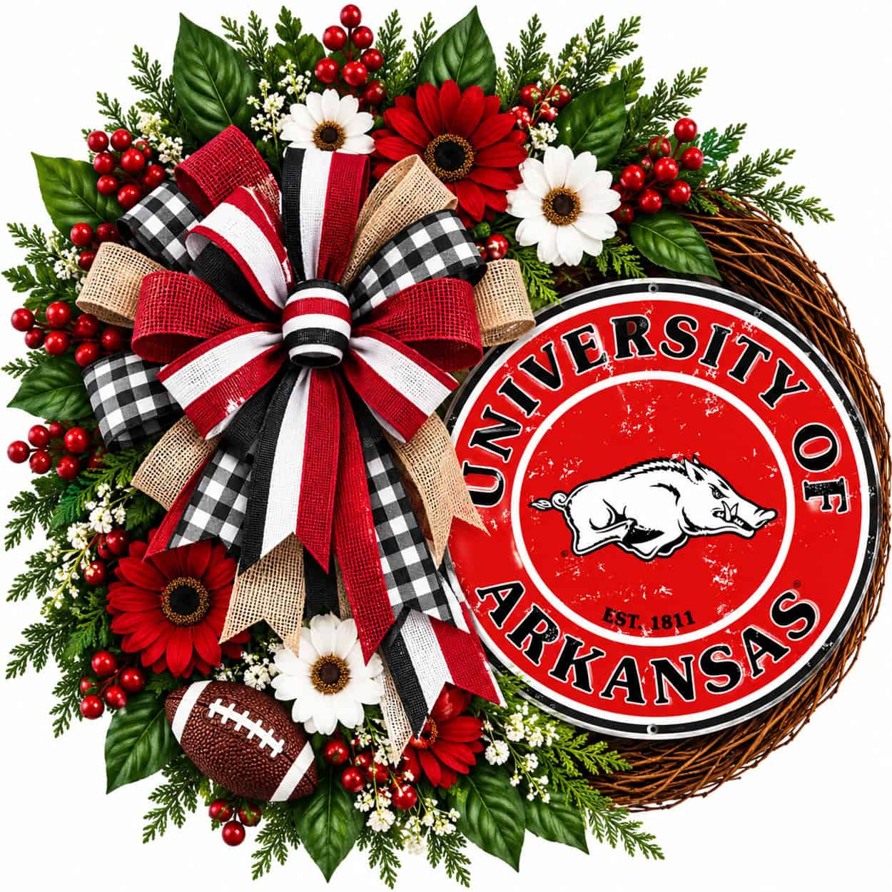 Arkansas Razorback Round Metal Sign on a grapevine wreath