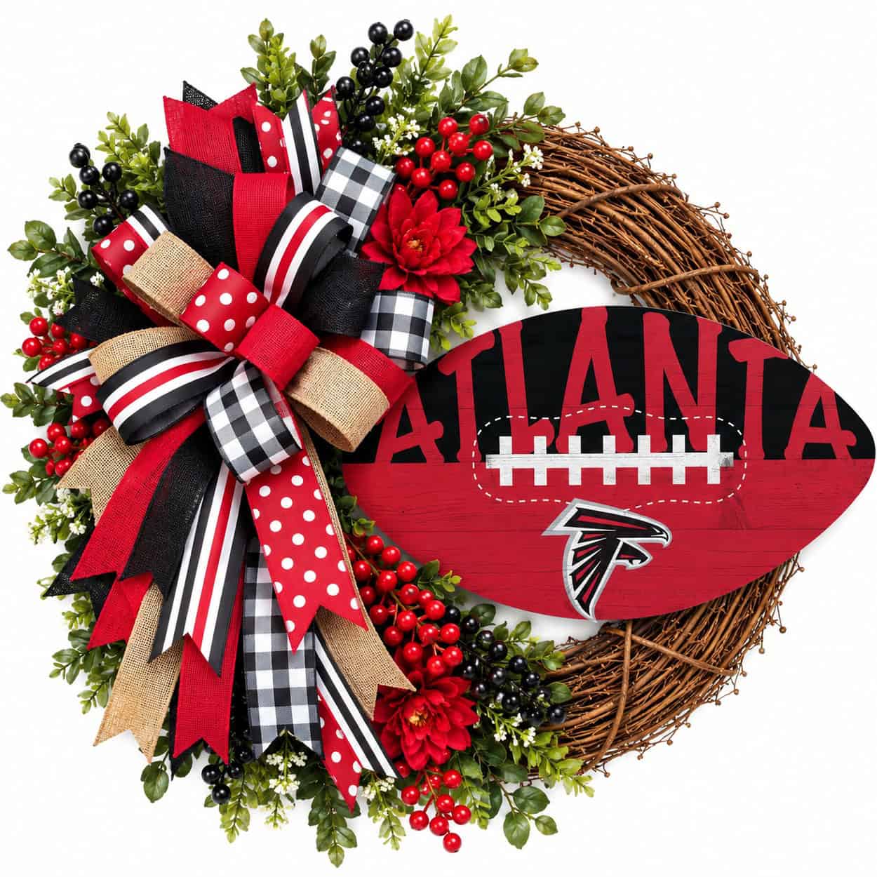 Atlanta Falcons Football Grapevine Wreath-AI Atlanta Falcons football grapevine wreath with coordinating team-color ribbon