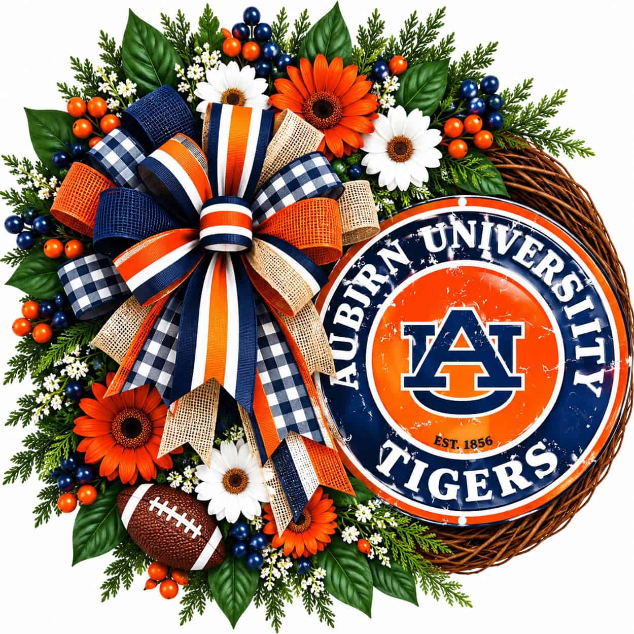 Auburn Tigers Round Metal Sign on a grapevine wreath
