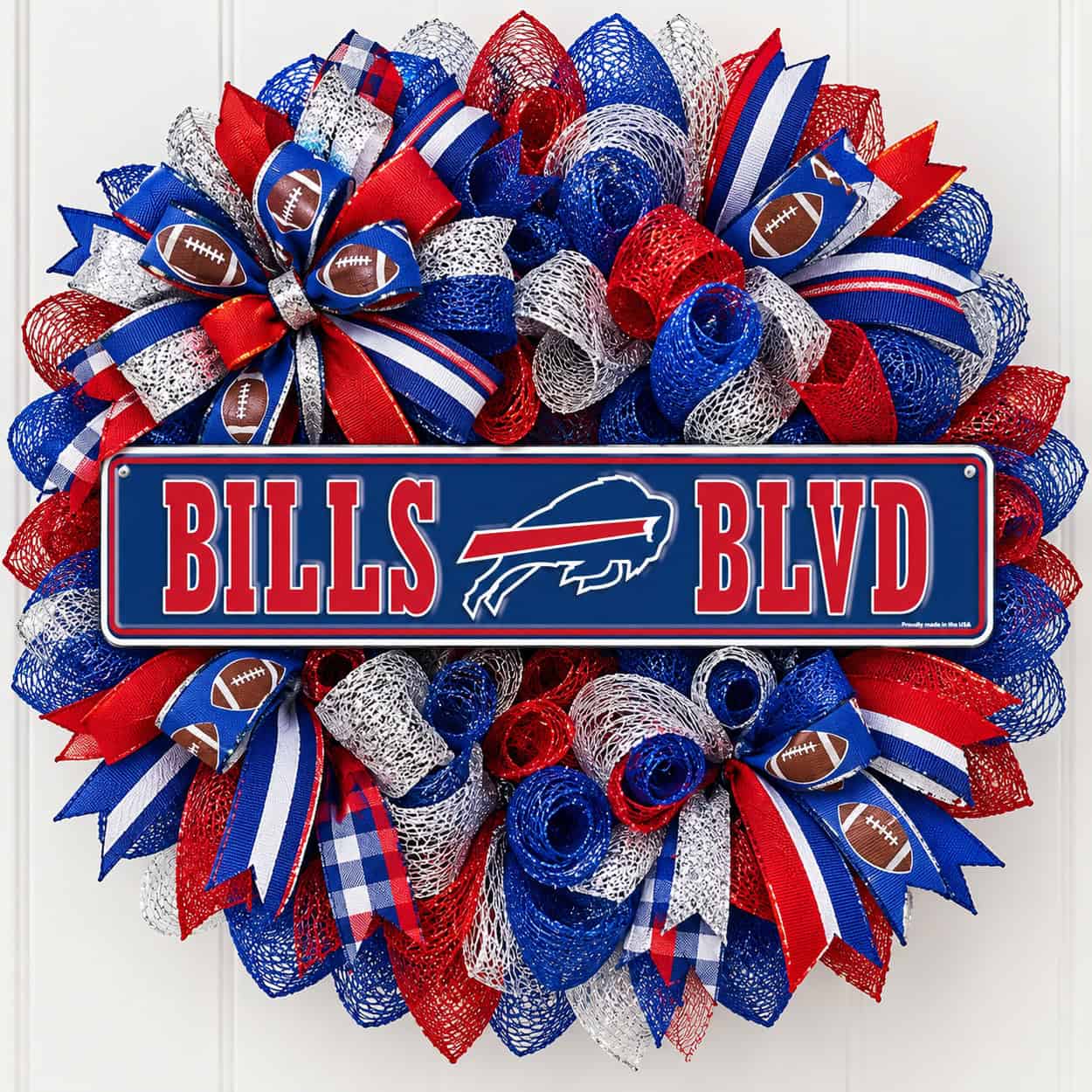 Buffalo Bills Rectangle Sign Metal on a deco mesh wreath