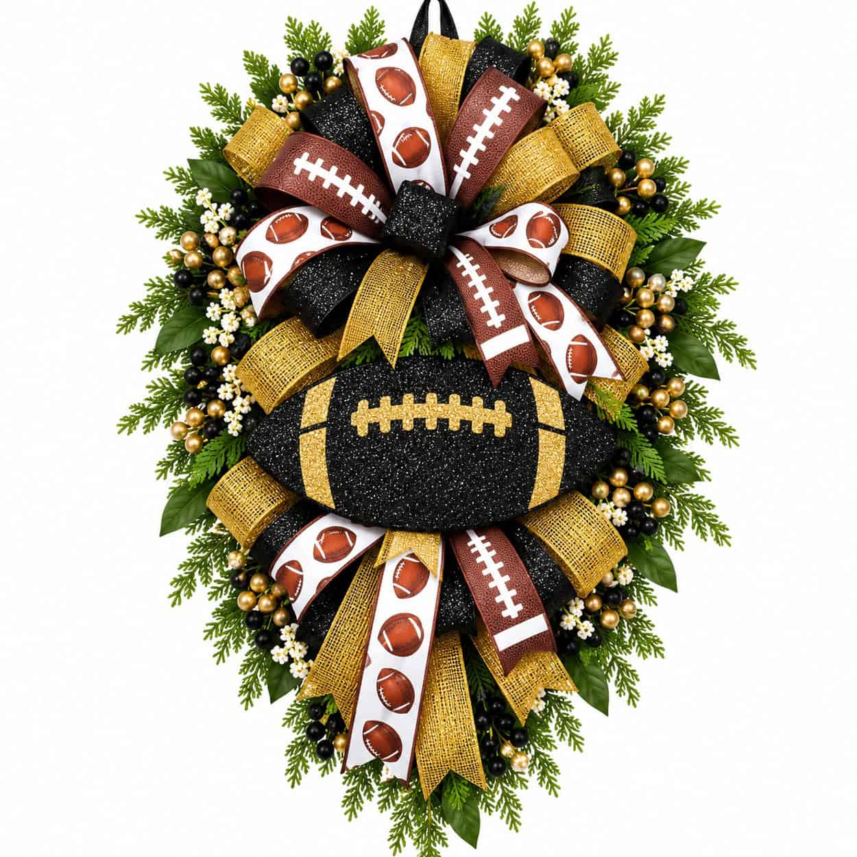 Black and gold football teardrop wreath with coordinating ribbon